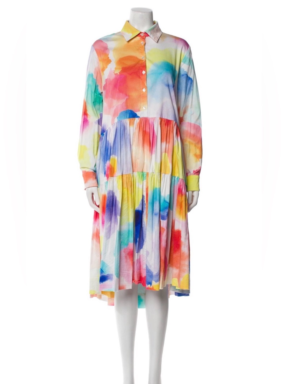 Mira Mikati Watercolor-Print Tiered Midi Dress in Multicolor